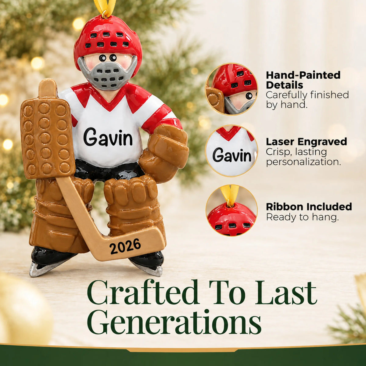 Hand-painted details and laser engraved personalization on the ice hockey goalie christmas ornament, ribbon included