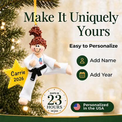 Make it yours: add name and year to the personalized karate girl christmas ornament