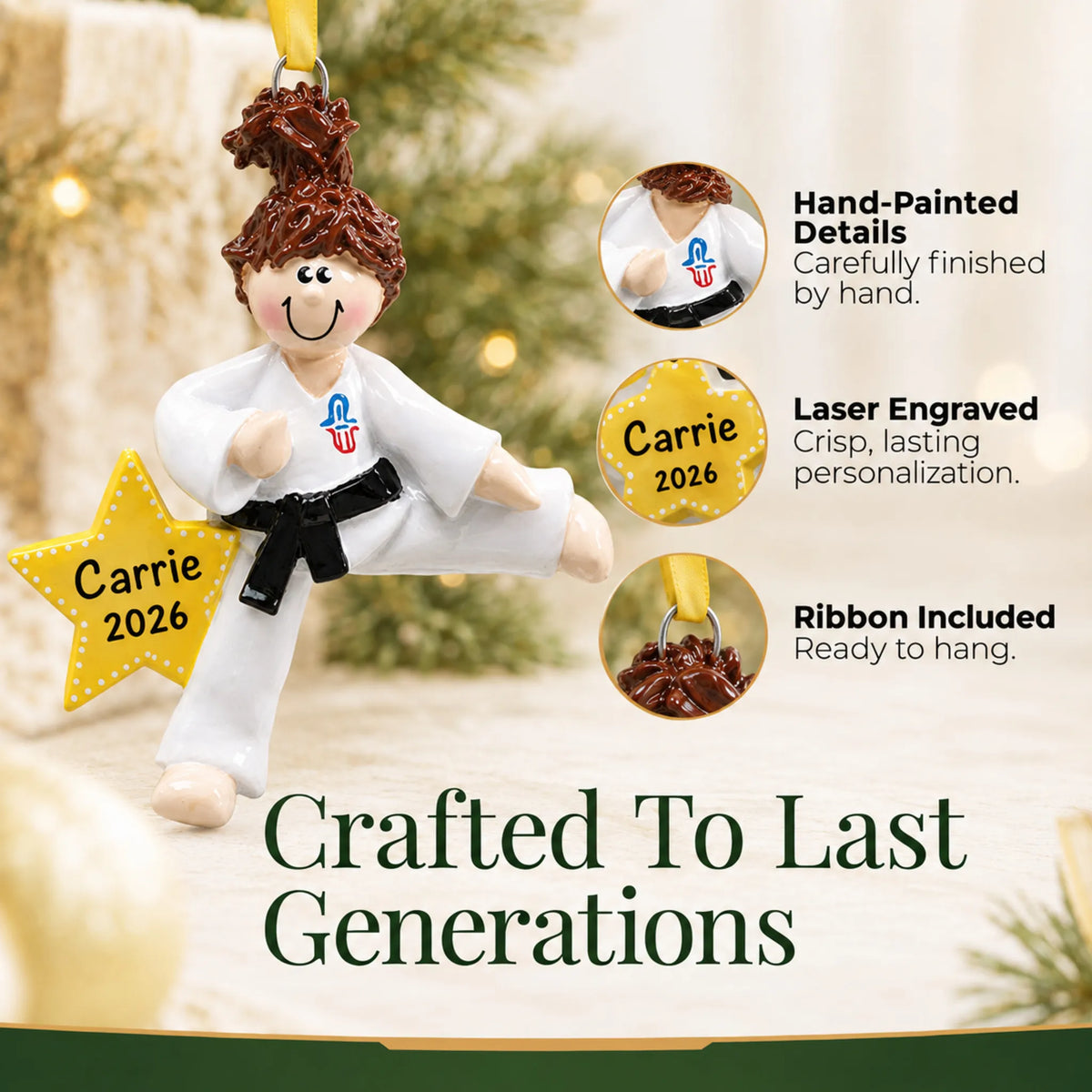 Hand-painted details and laser engraved personalization on the karate girl christmas ornament, ribbon included