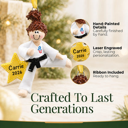 Hand-painted details and laser engraved personalization on the karate girl christmas ornament, ribbon included