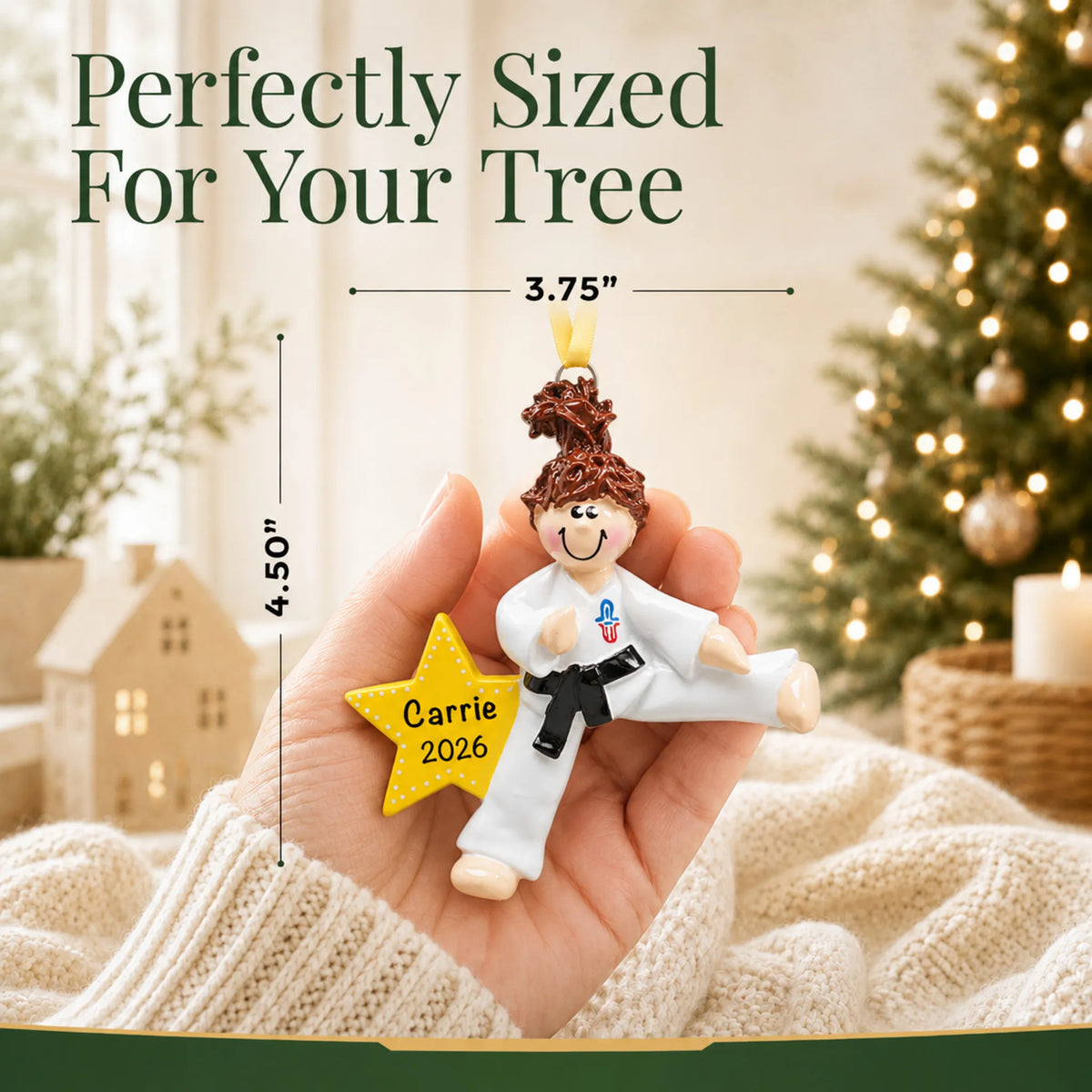 Size guide: the personalized karate girl christmas ornament is 3.75 in wide by 4.50 in tall, shown in hand
