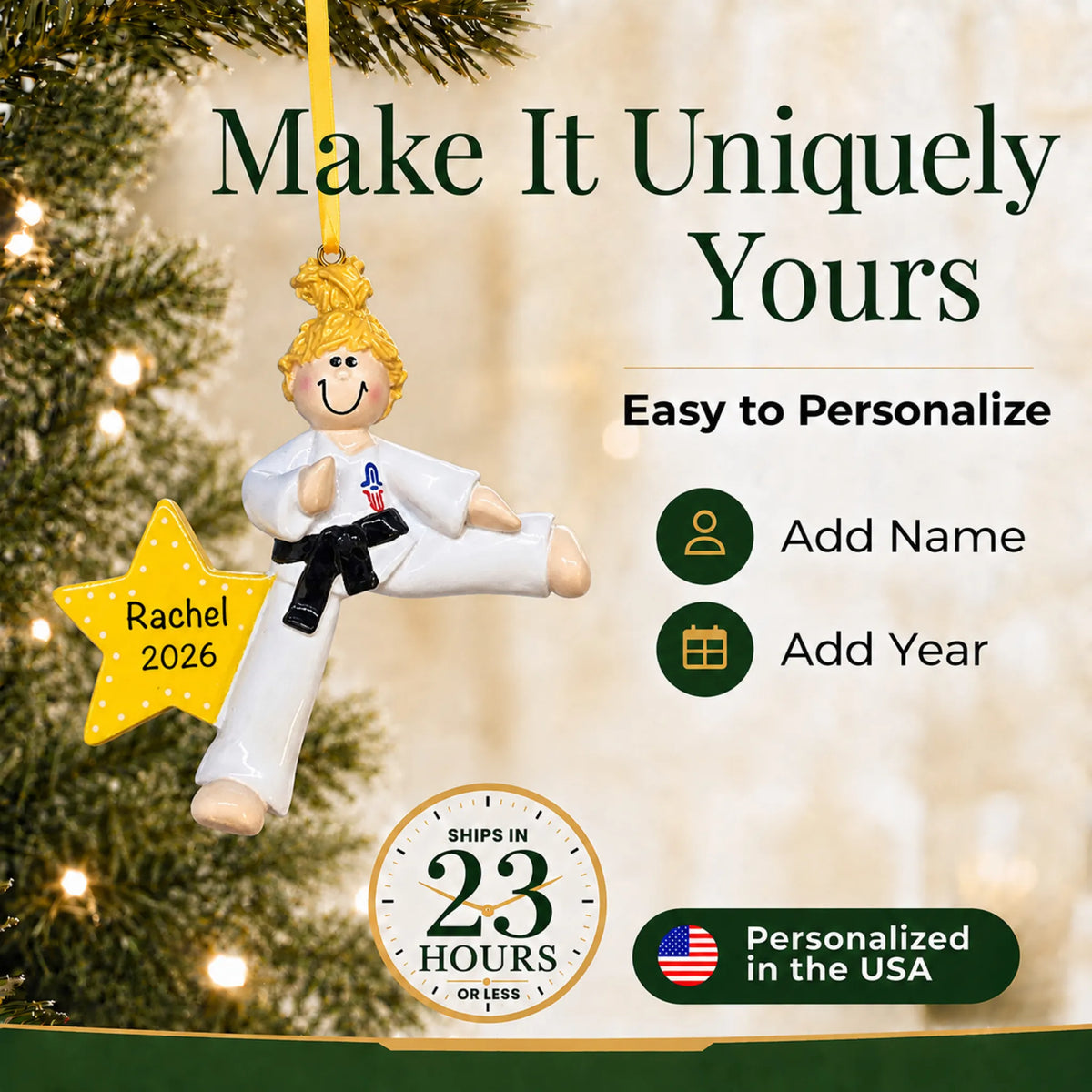 Make it yours: add name and year to the personalized blonde karate girl christmas ornament