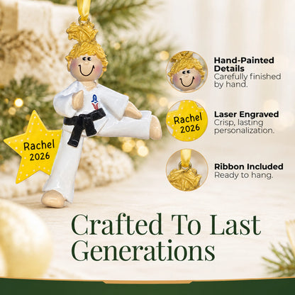 Hand-painted details and laser engraved personalization on the blonde karate girl christmas ornament, ribbon included