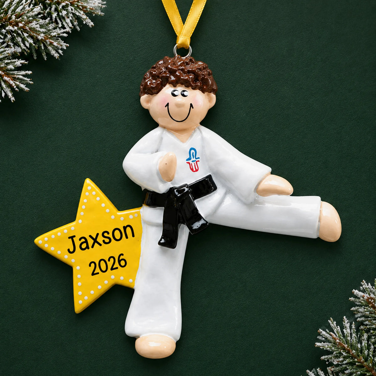 Personalized karate MMA guy christmas ornament on a dark green pine background