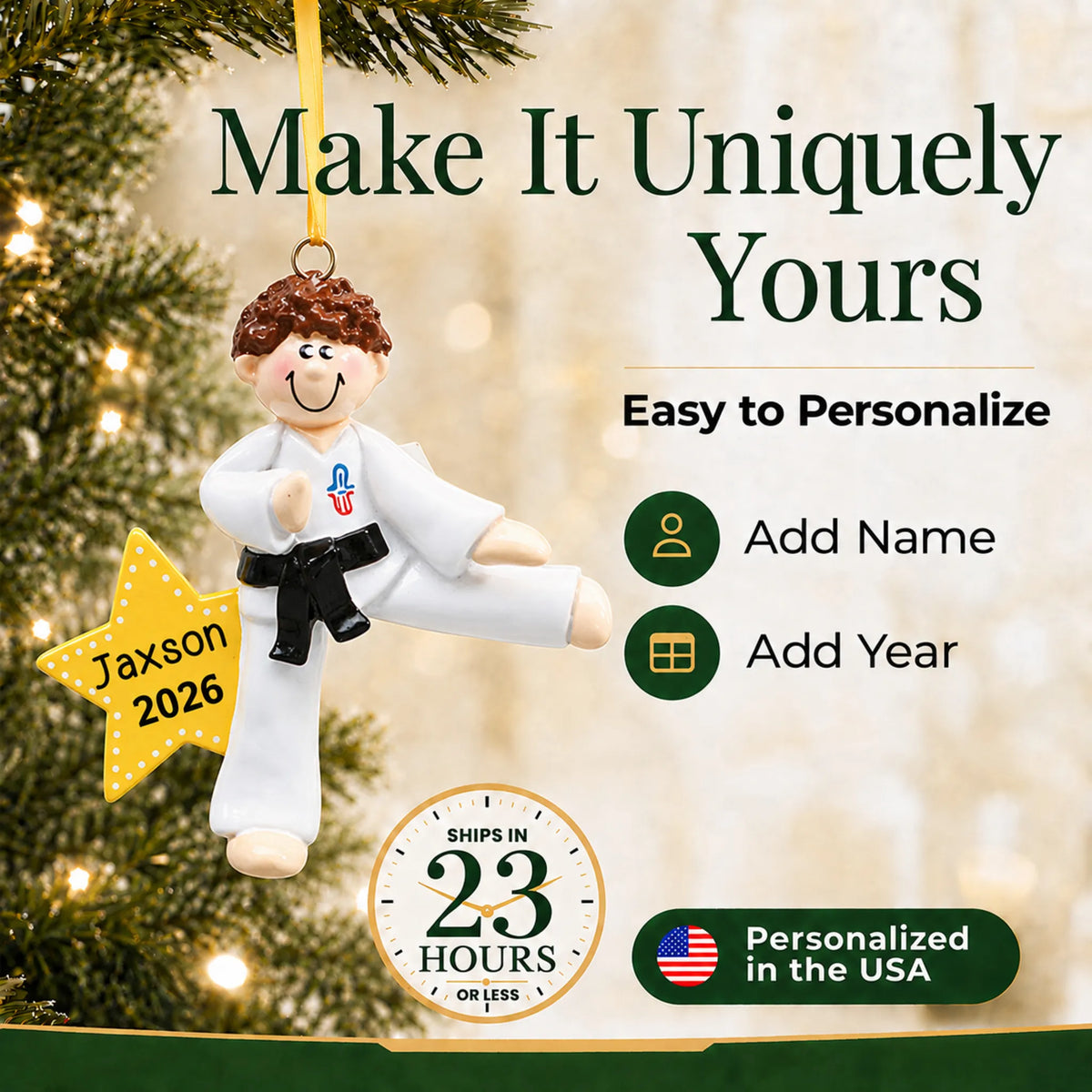 Make it yours: add name and year to the personalized karate MMA guy christmas ornament