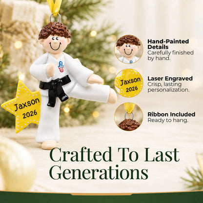 Hand-painted details and laser engraved personalization on the karate MMA guy christmas ornament, ribbon included