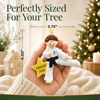 Size guide: the personalized karate MMA guy christmas ornament is 3.75 in wide by 4.00 in tall, shown in hand