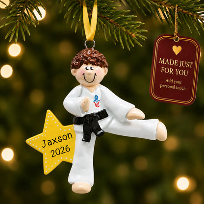 Karate MMA guy christmas ornament hanging on a lit Christmas tree with a Made Just For You gift tag