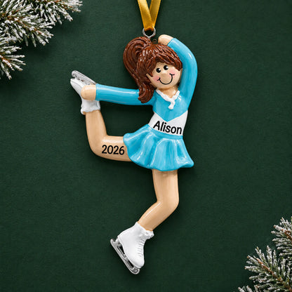 Personalized girl ice skater christmas ornament on a dark green pine background
