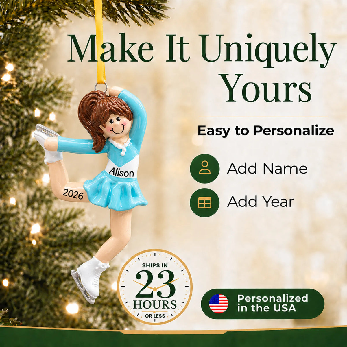Make it yours: add name and year to the personalized girl ice skater christmas ornament