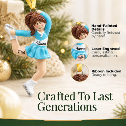 Hand-painted details and laser engraved personalization on the girl ice skater christmas ornament, ribbon included