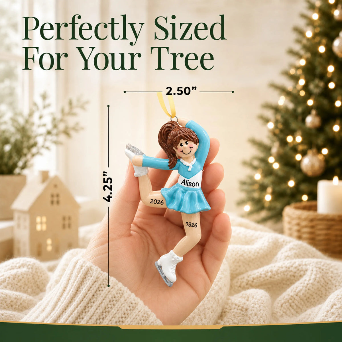 Size guide: the personalized girl ice skater christmas ornament is 2.50 in wide by 4.25 in tall, shown in hand