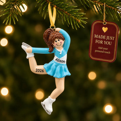 Girl ice skater christmas ornament hanging on a lit Christmas tree with a Made Just For You gift tag