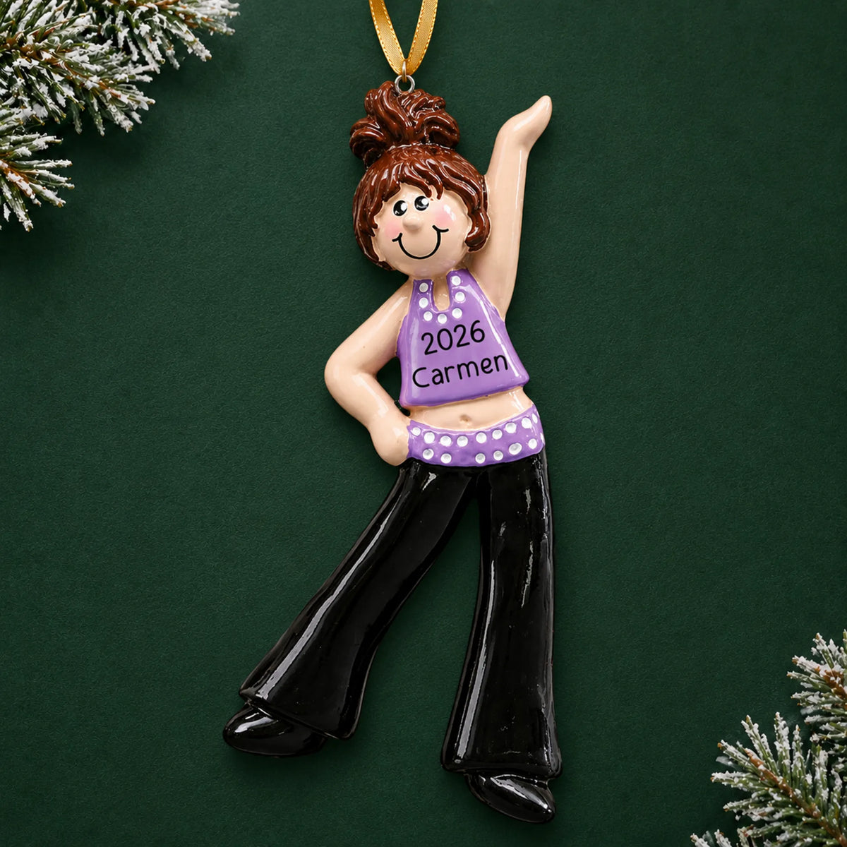 Personalized brunette dance girl christmas ornament on a dark green pine background