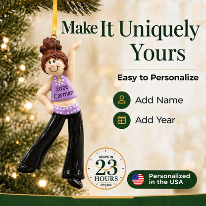 Make it yours: add name and year to the personalized brunette dance girl christmas ornament