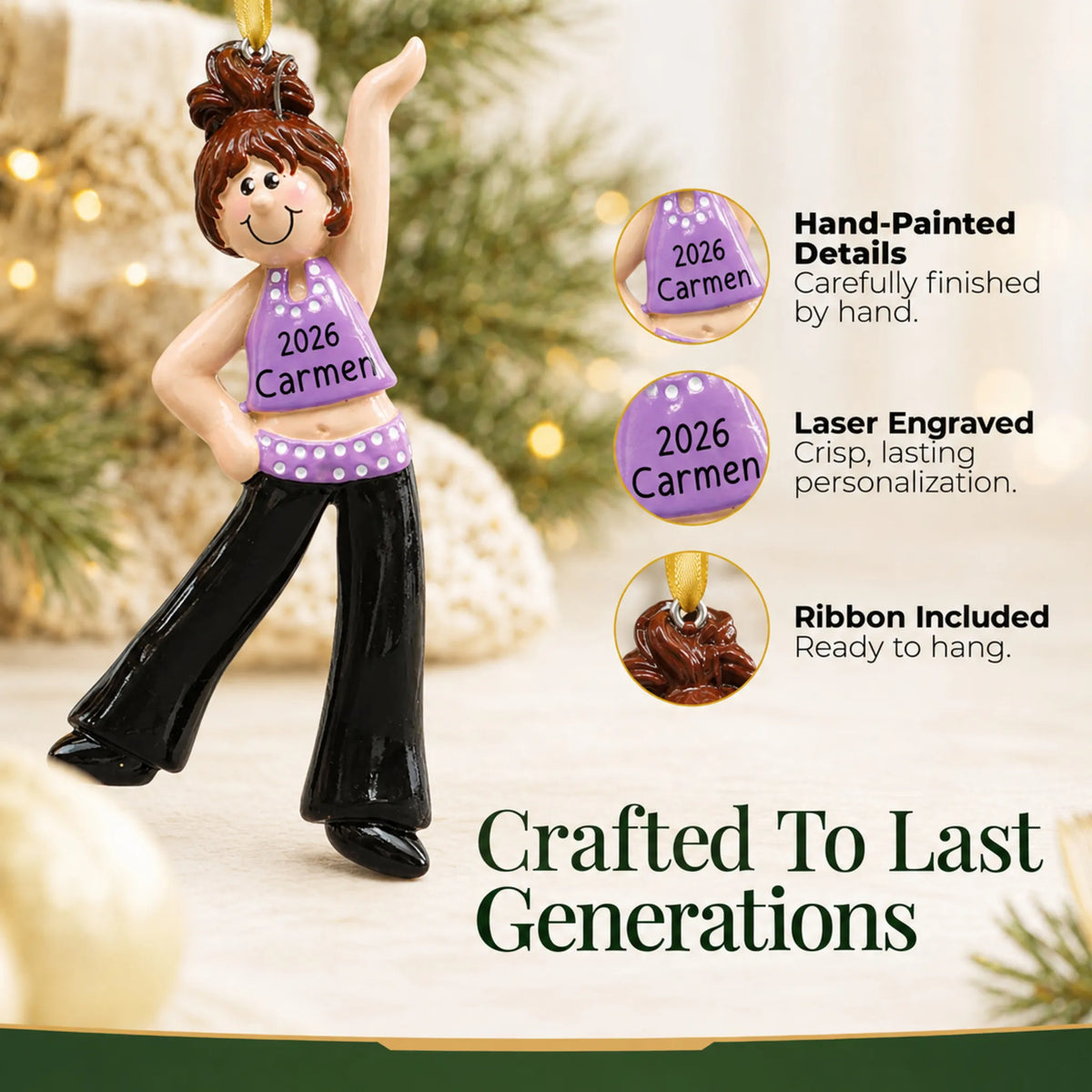 Hand-painted details and laser engraved personalization on the brunette dance girl christmas ornament, ribbon included