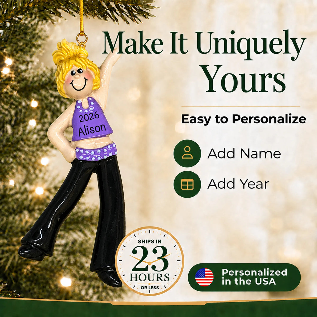 Make it yours: add name and year to the personalized blonde dance girl christmas ornament