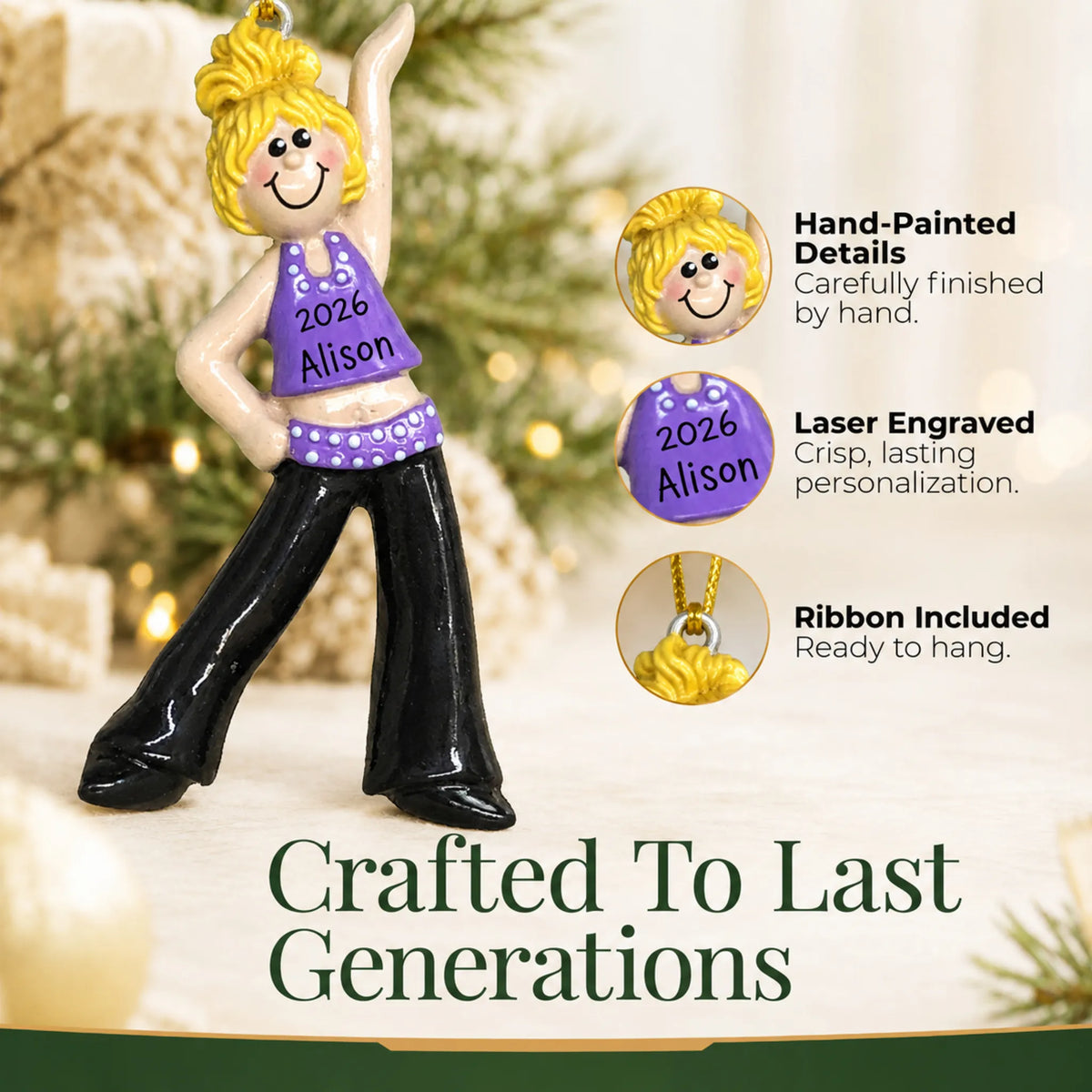 Hand-painted details and laser engraved personalization on the blonde dance girl christmas ornament, ribbon included