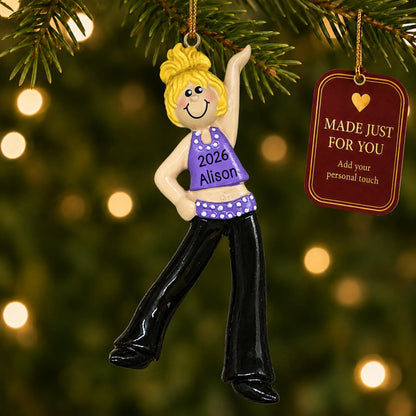 Blonde dance girl christmas ornament hanging on a lit Christmas tree with a Made Just For You gift tag