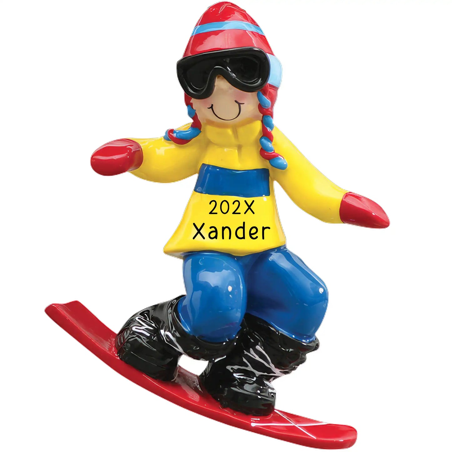 A personalized snowboard guy ornament in red, yellow, and blue colors with 'XANDER' printed on the chest.