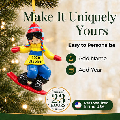 Make it yours: add name and year to the personalized snowboard guy christmas ornament