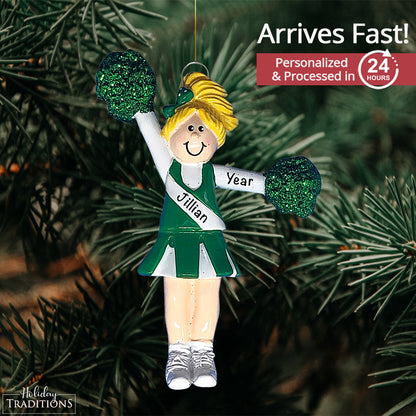 Cheerleader Personalized Ornament - Green Uniform Blonde