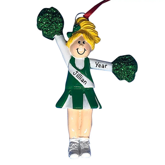 Cheerleader Personalized Ornament - Green Uniform Blonde