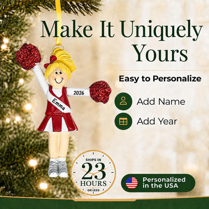 Make it yours: add name and year to the personalized blonde pom pom cheerleader christmas ornament