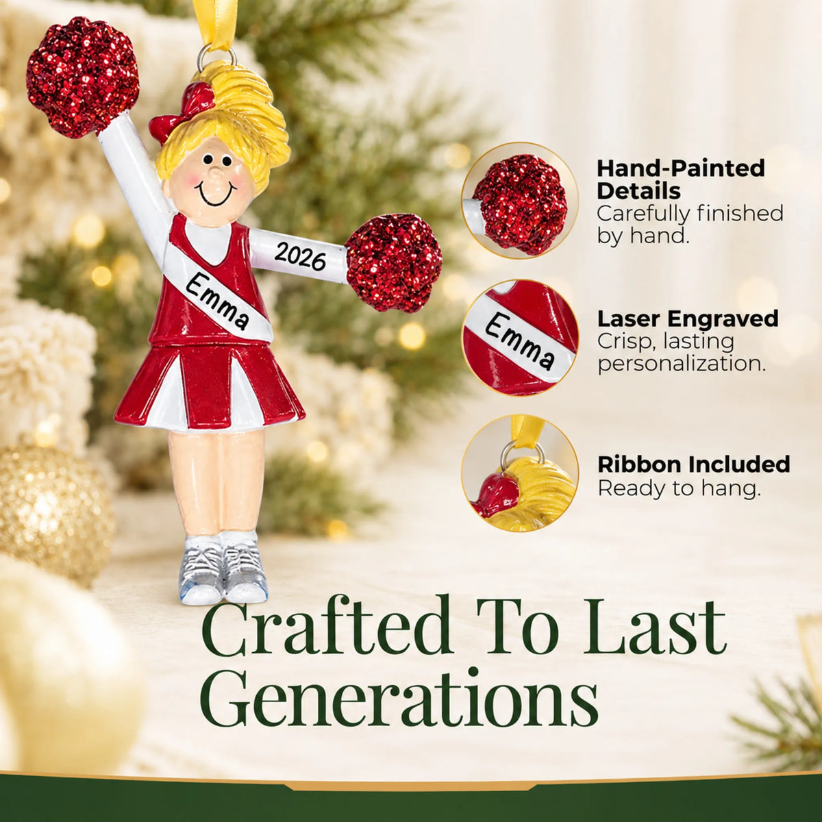 Hand-painted details and laser engraved personalization on the blonde pom pom cheerleader christmas ornament, ribbon included