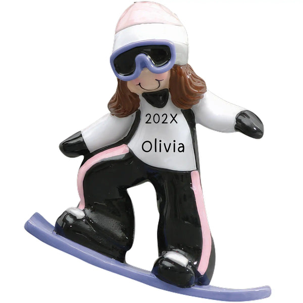 Adorno navideño de chica haciendo snowboard 