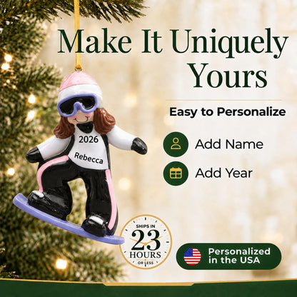 Make it yours: add name and year to the personalized snowboarding girl christmas ornament