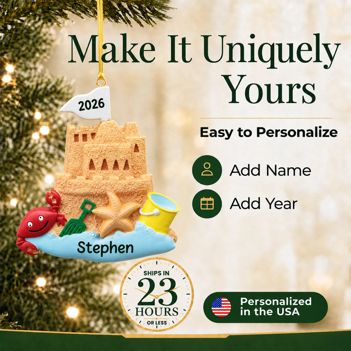 Make it yours: add name and year to the personalized sand castle beach christmas ornament