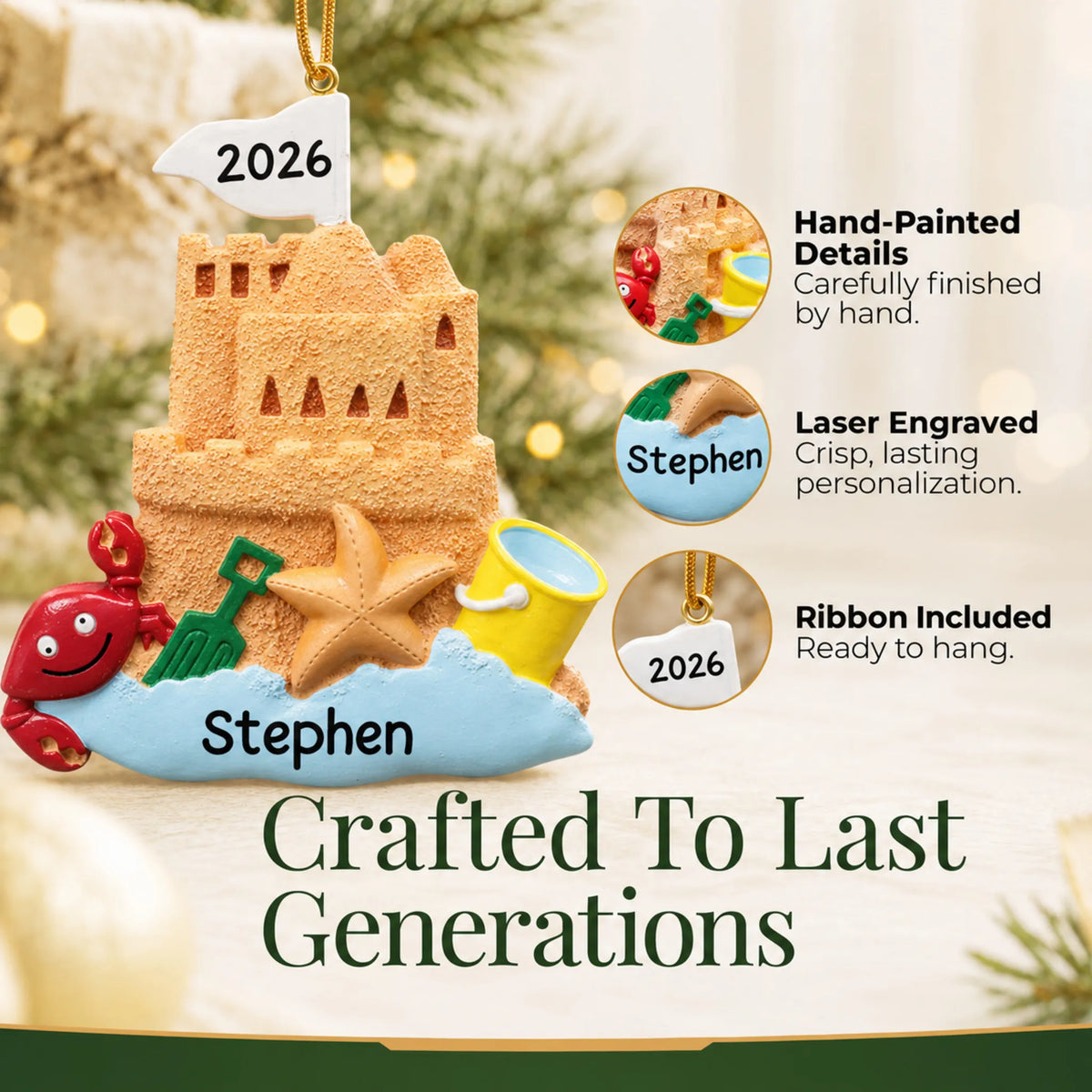 Hand-painted details and laser engraved personalization on the sand castle beach christmas ornament, ribbon included