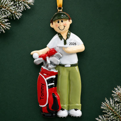 Personalized golfer christmas ornament on a dark green pine background