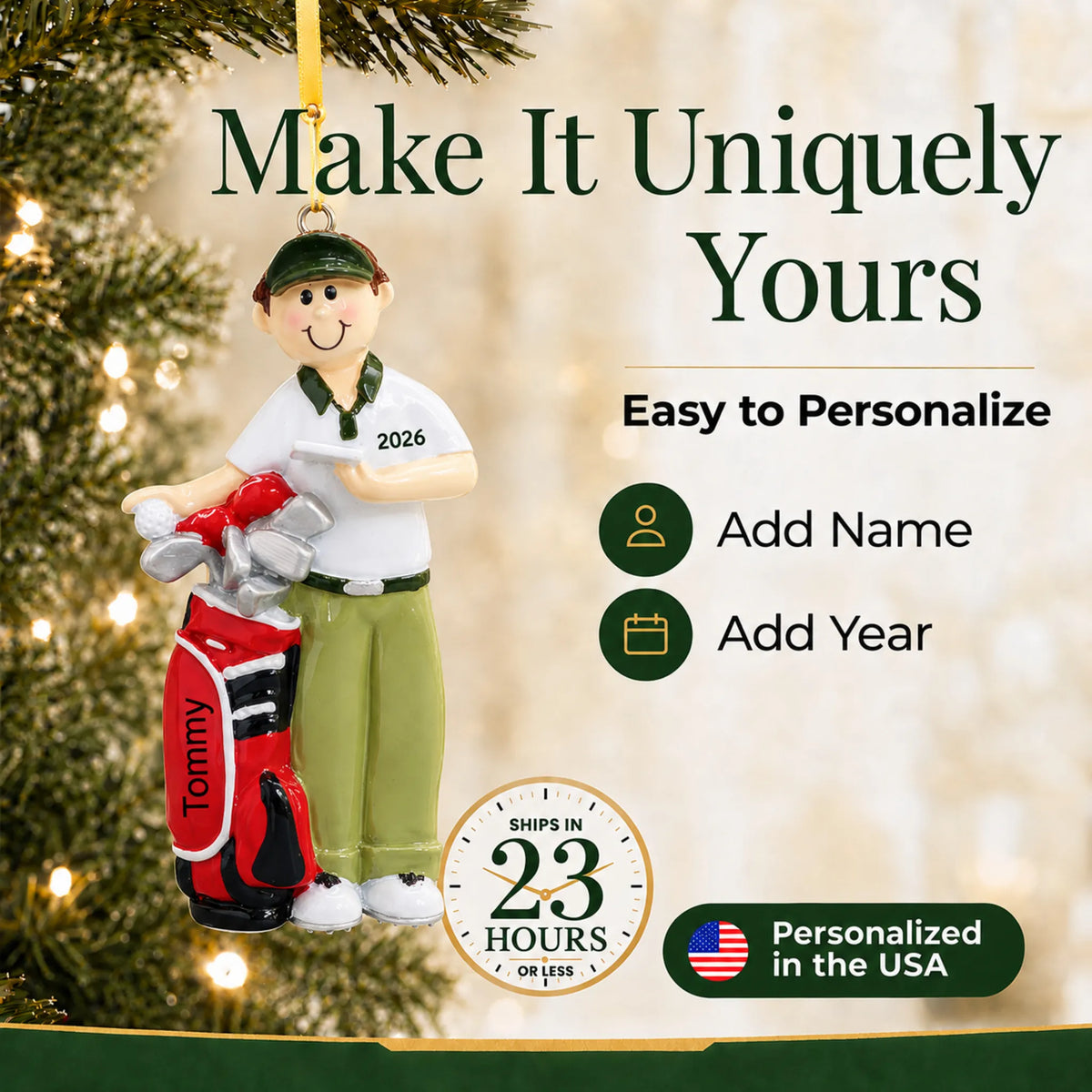 Make it yours: add name and year to the personalized golfer christmas ornament