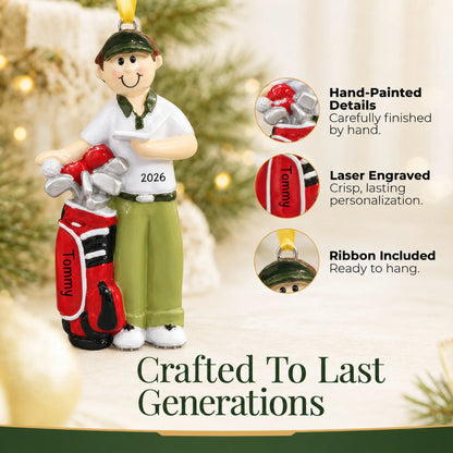 Hand-painted details and laser engraved personalization on the golfer christmas ornament, ribbon included