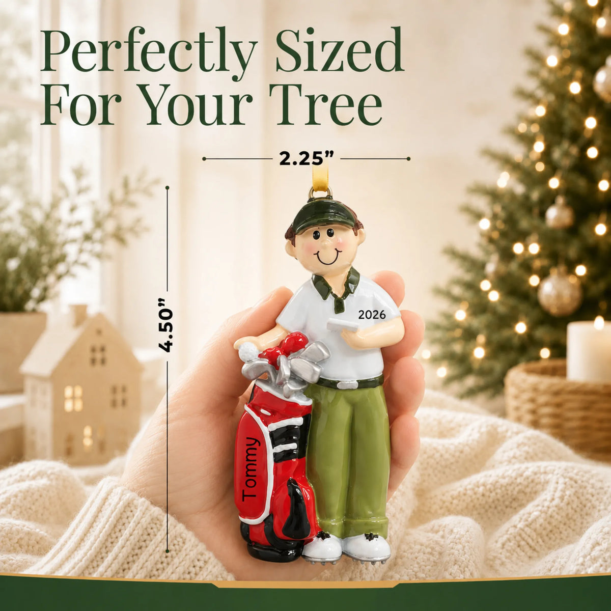 Size guide: the personalized golfer christmas ornament shown in hand next to a Christmas tree