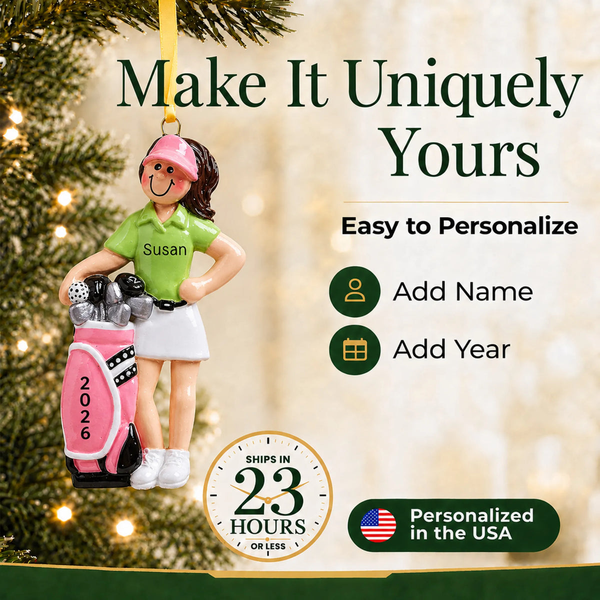 Make it yours: add name and year to the personalized girl golfer christmas ornament