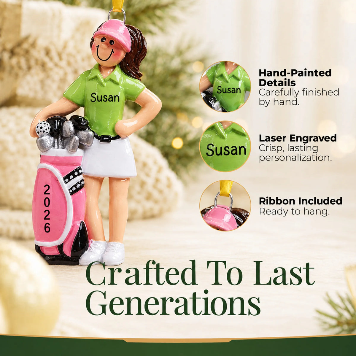 Hand-painted details and laser engraved personalization on the girl golfer christmas ornament, ribbon included