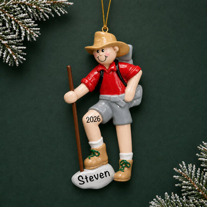 Personalized Hiker christmas ornament on a dark green pine background
