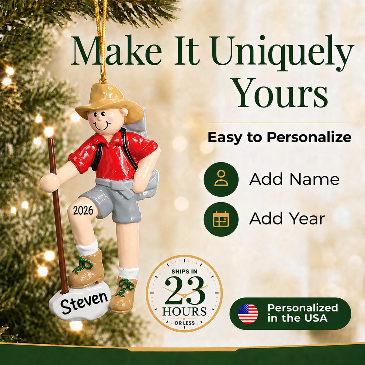 Make it yours: personalize the Hiker christmas ornament