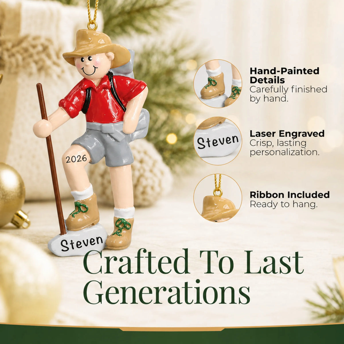 Hand-painted details and laser engraved personalization on the Hiker christmas ornament, ribbon included