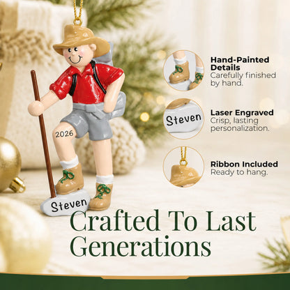 Hand-painted details and laser engraved personalization on the Hiker christmas ornament, ribbon included