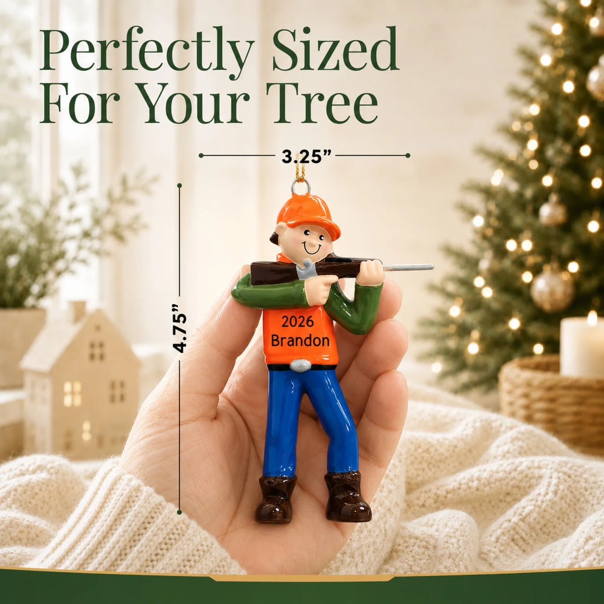 Size guide: the personalized deer hunter christmas ornament is 3.25 in wide by 4.75 in tall, shown in hand