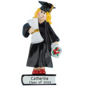 Blonde graduation girl personalized ornament shown blank before laser engraving