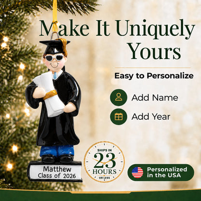 Personalized graduation guy Christmas ornament showing free name and class-year personalization, ready to make uniquely yours