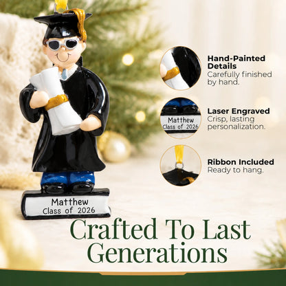 Close-up of the graduation guy ornament's hand-painted details, laser-engraved nameplate and included hanging ribbon