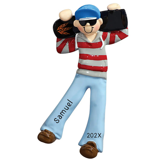 Personalized Christmas ornament of a boy with a skateboard, wearing a striped shirt and blue cap.