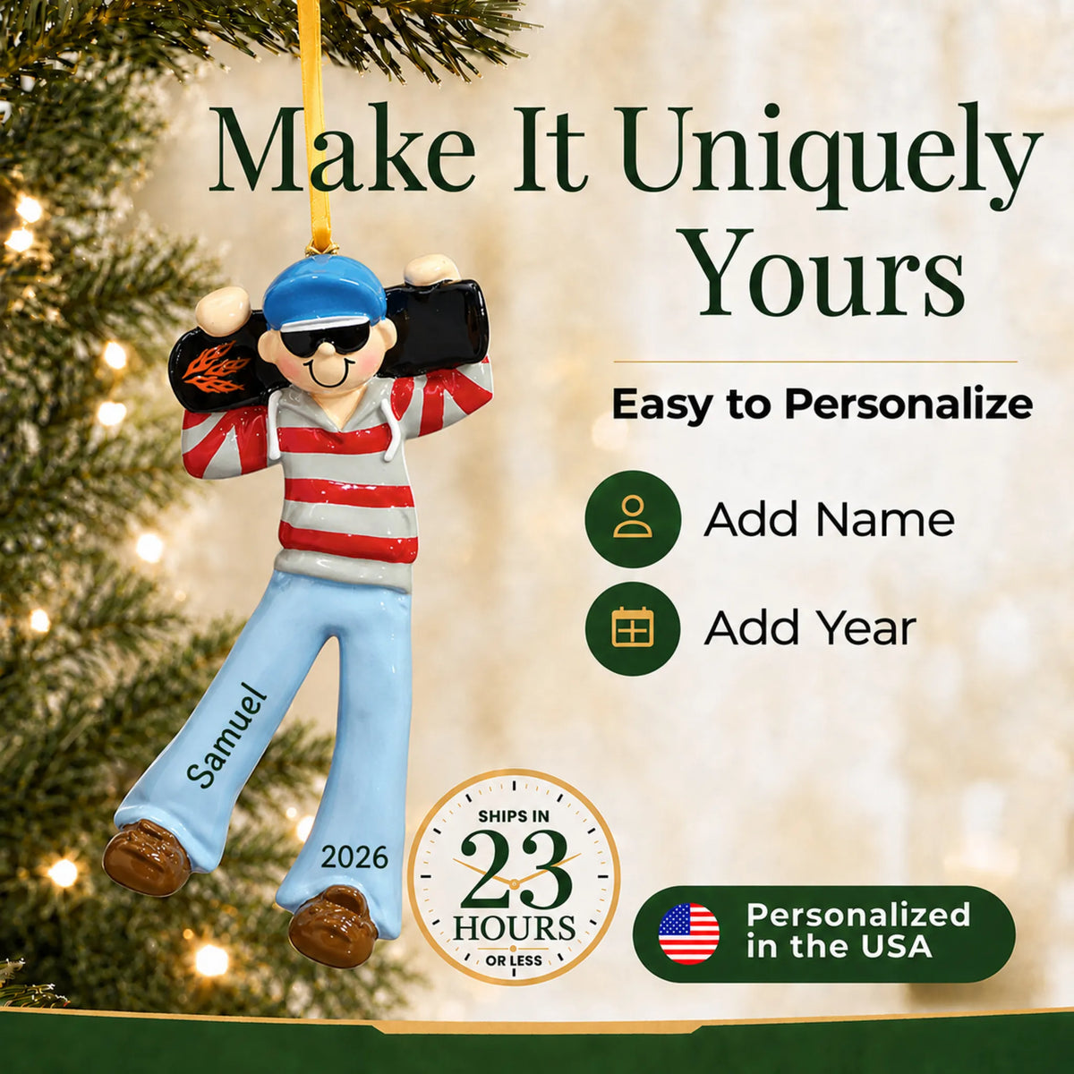 Make it yours: add name and year to the personalized skateboard boy christmas ornament