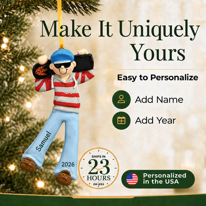 Make it yours: add name and year to the personalized skateboard boy christmas ornament